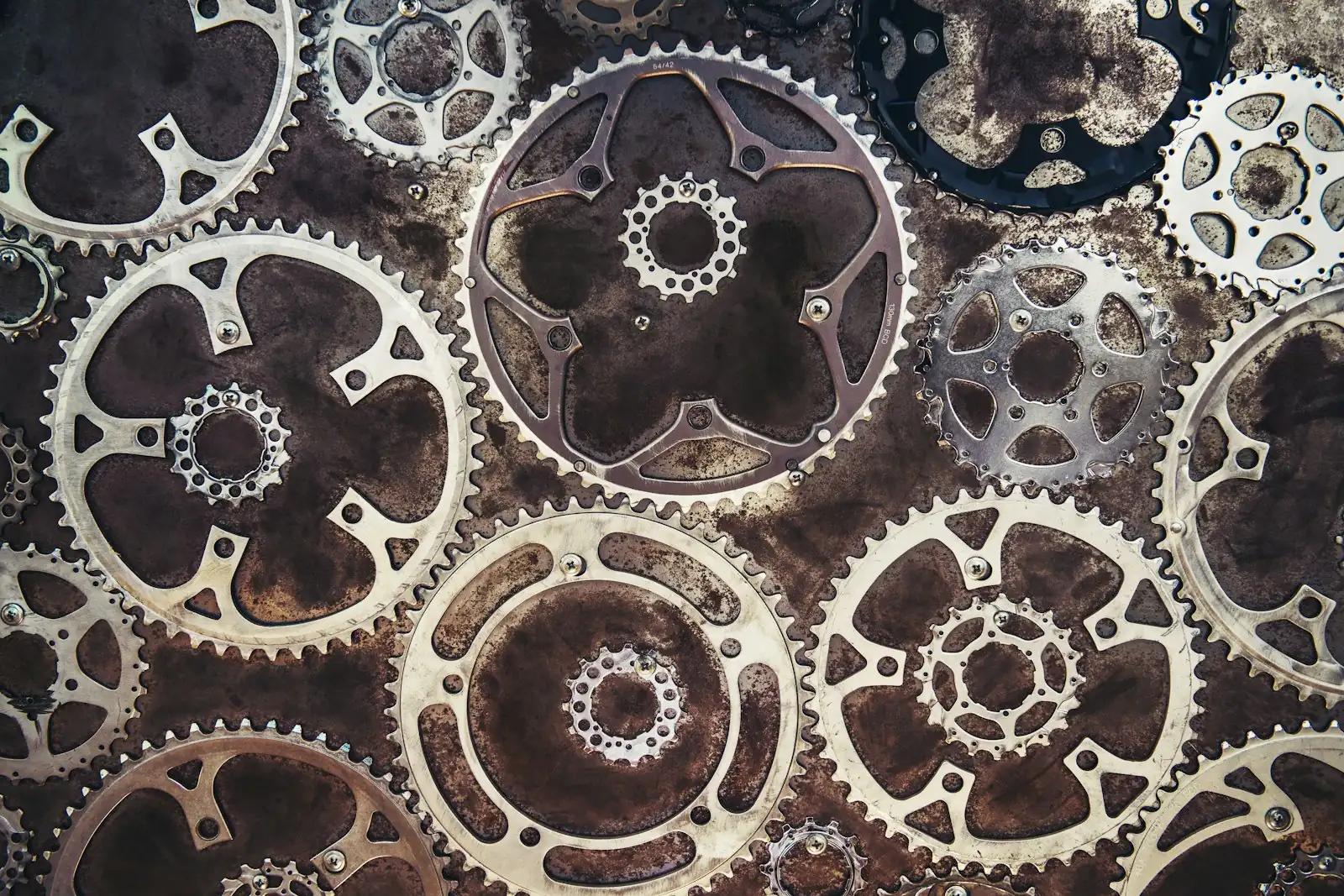 Interlocking metal cogs and gears