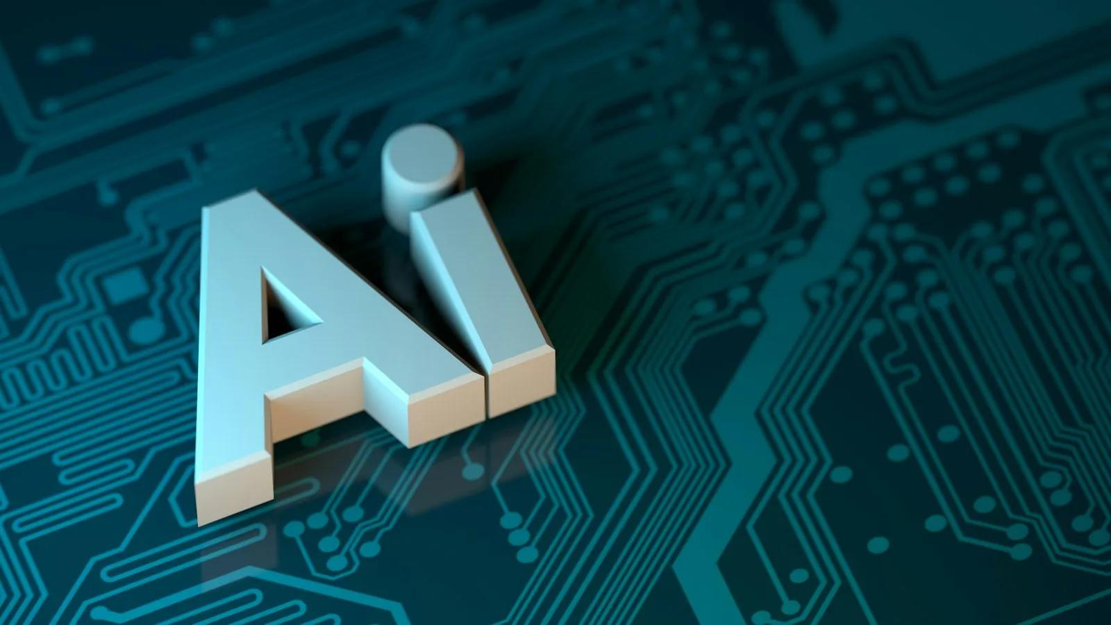 The letters AI on a dark teal circuit board