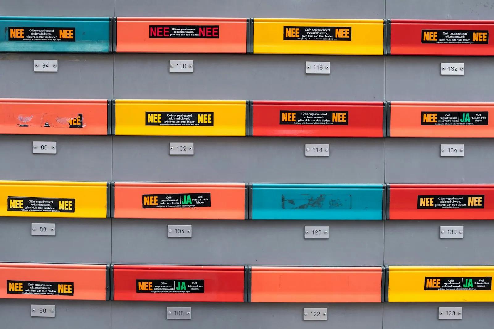 Color-coded tags on file cabinet drawers