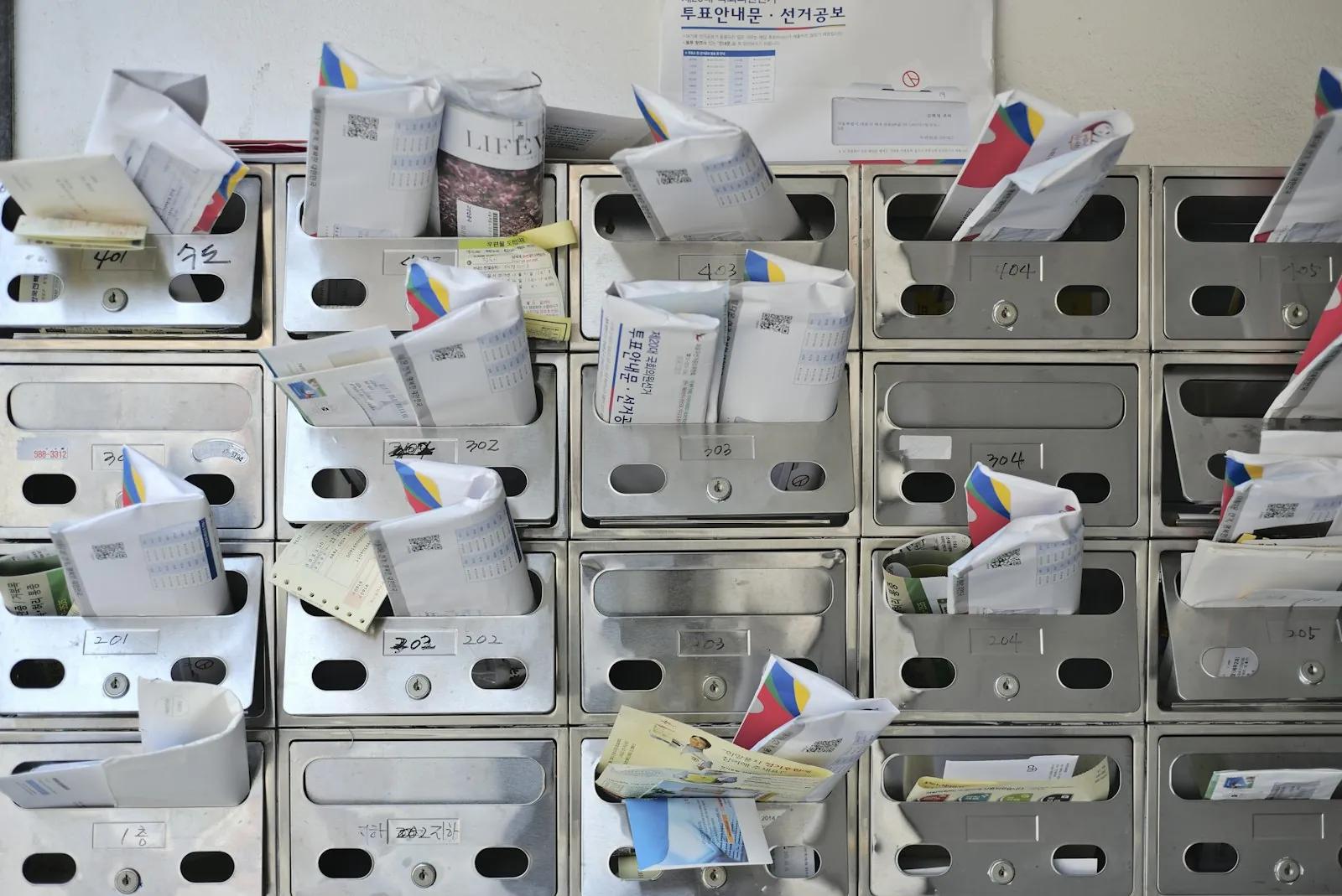 Rows of metal mailboxes stuffed with letters and papers