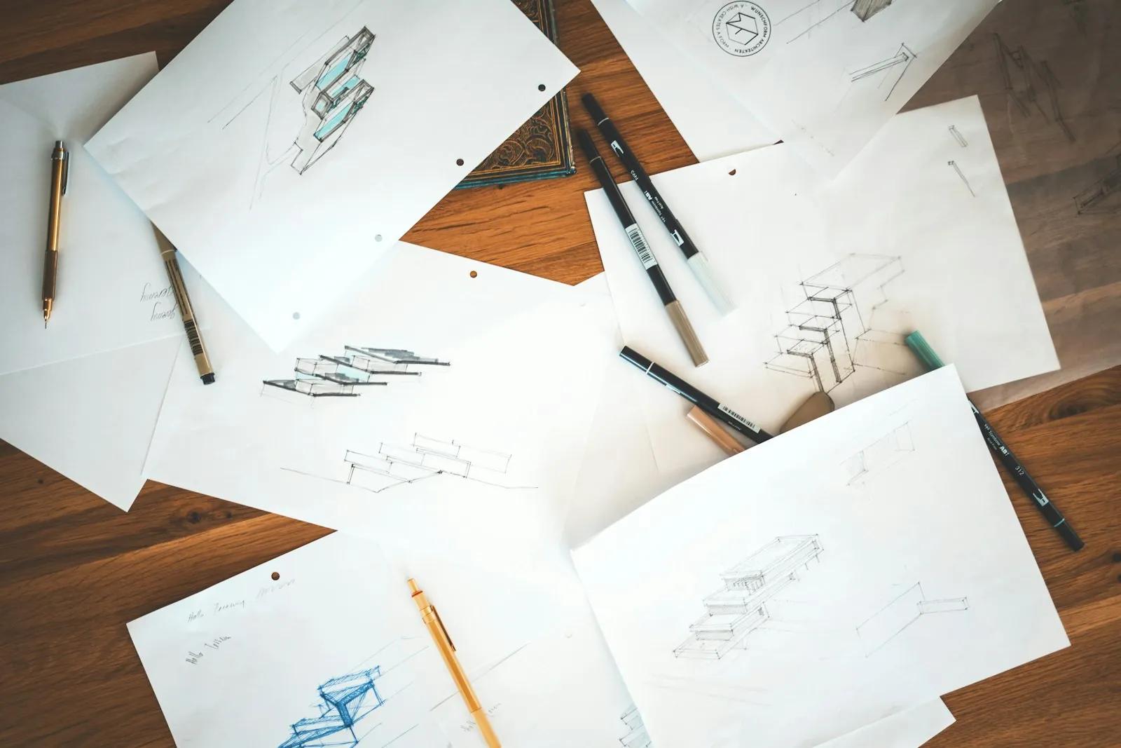 Design sketches and pens spread across a wooden desk