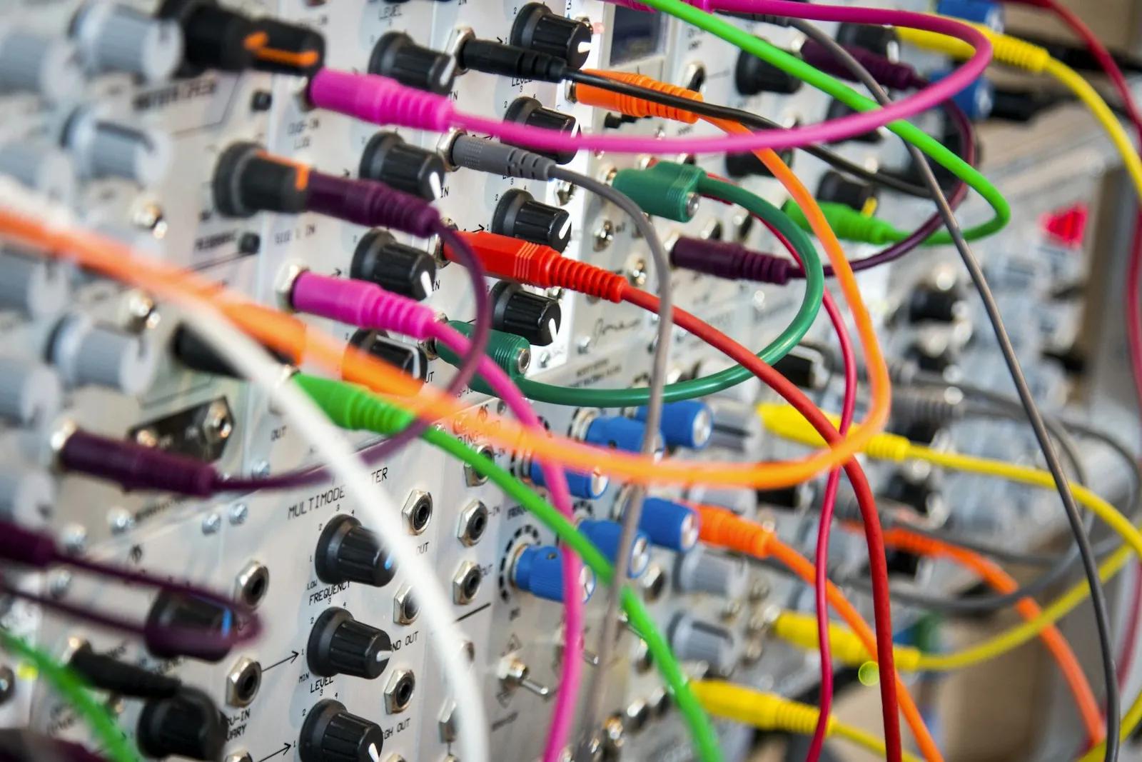 Colorful patch cables plugged into a modular panel
