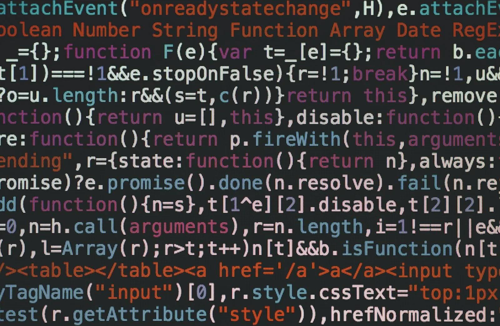 Colorful JavaScript code on a dark screen