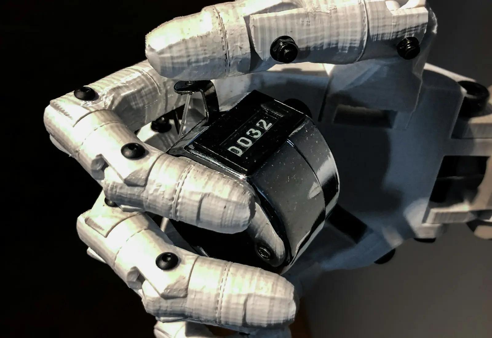 A white robotic hand holding a mechanical counter