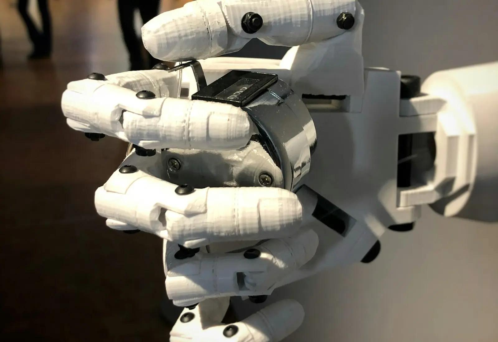 A white robotic hand gripping a small device