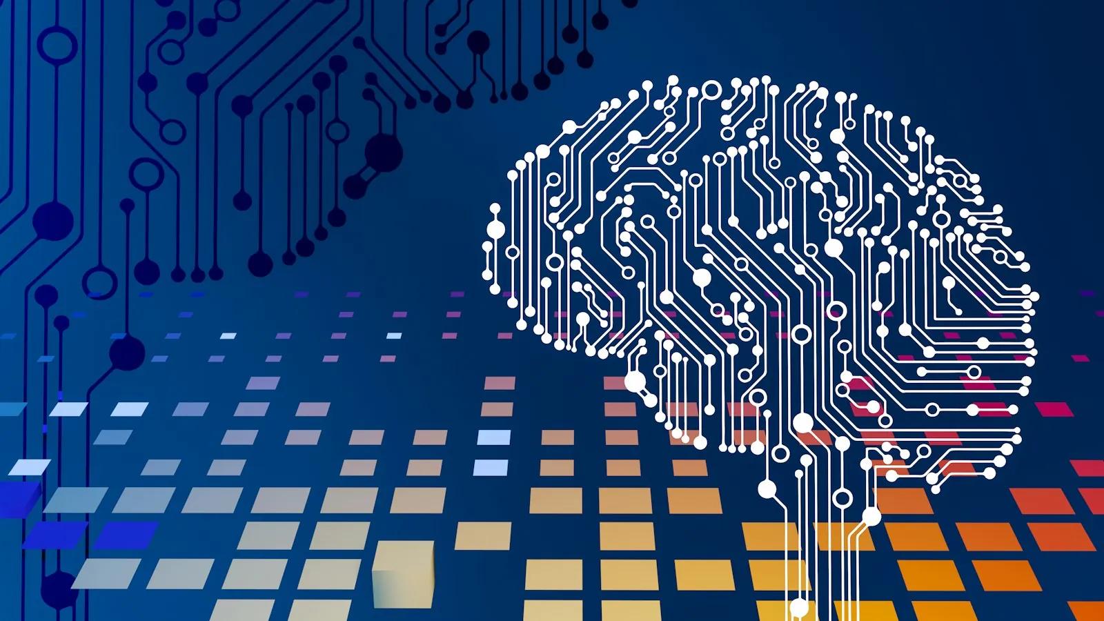 Circuit board with a brain shape rendered on it