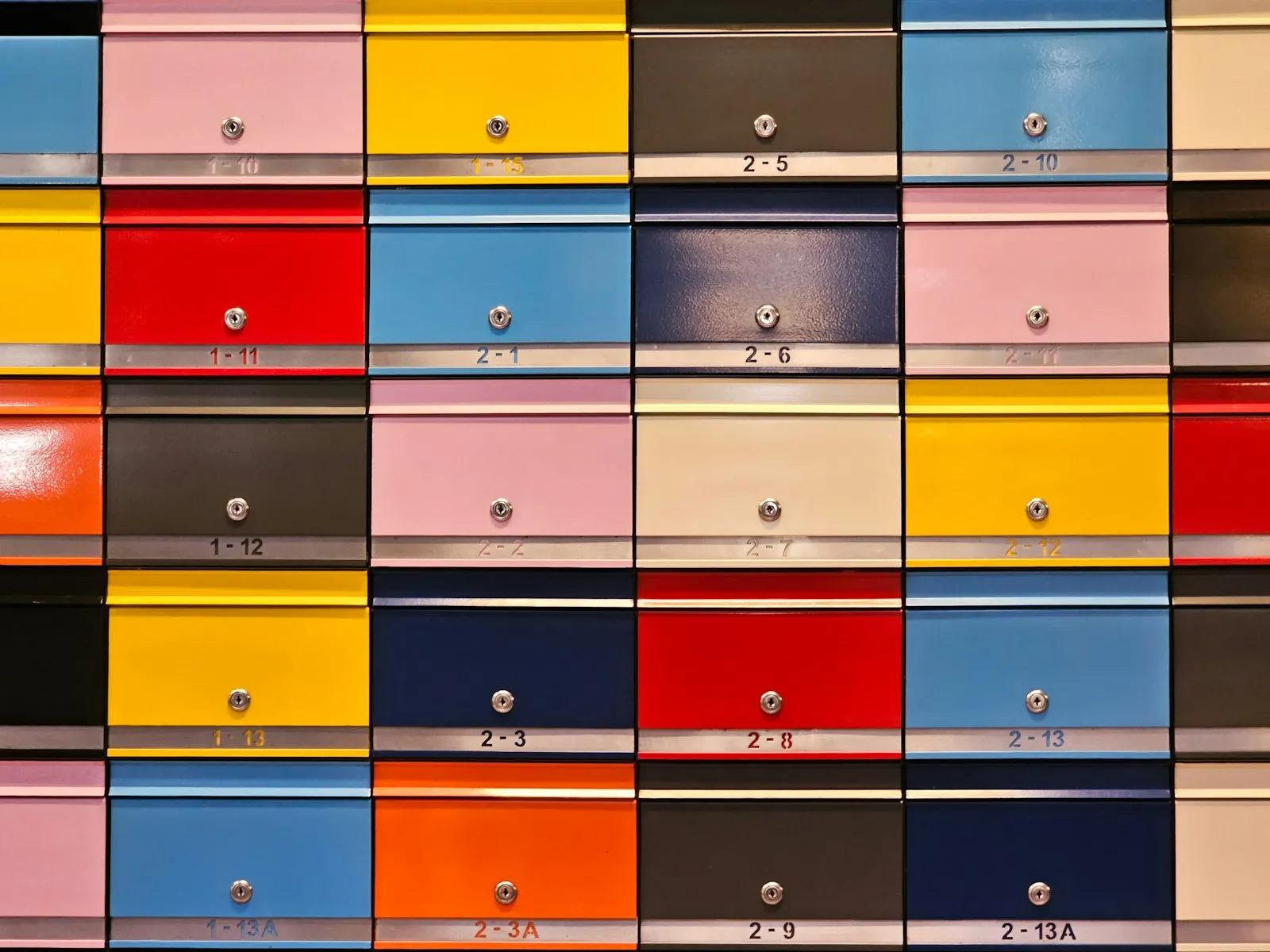 Wall of many differently colored drawers