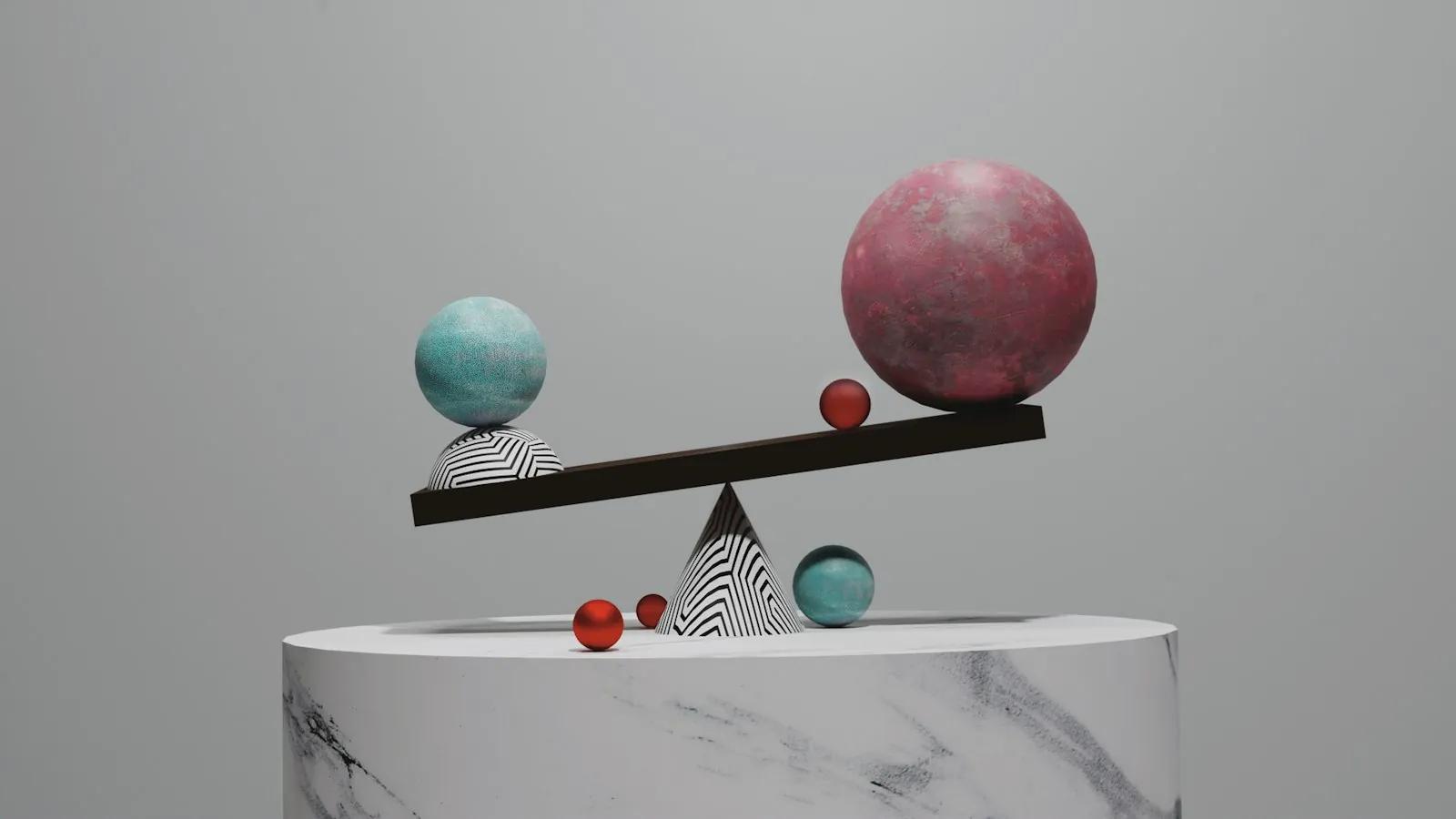 A balance scale with spheres on a marble pedestal against a grey background